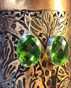 Genuine 925 Sterling Silver Large Created Faceted Peridot Earrings - Picture 1 of 12