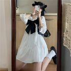 Ladies Lolita Mini Babydoll Dress Bow Puff Sleeve Swing Tiered Ruffle Cute Sweet