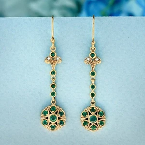 9K Yellow Gold Natural Emerald and Pearl Vintage Style Dangle Earrings  - Picture 1 of 6