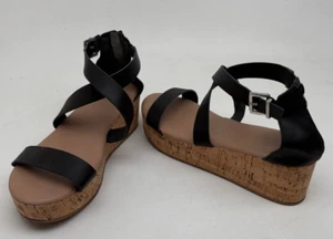 Torrid Cork Platform Black Faux Leather Strappy Sandals Zipper Heel Size 12 - Picture 1 of 11