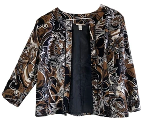 Dress Barn Womens Jacket L Brown Black Floral Swirls Open Front Retro Career - Picture 1 of 12