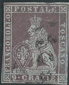 Toscana 1851 - 9 crazie bruno violaceo - Sassone N. 8 Used - Picture 1 of 2