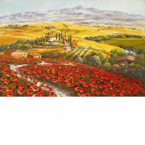 Sam Park Tuscany Red & Gold Embellished Giclee Signed & Numbered Flower Fields - Bild 1 von 1