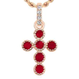Colgante Cruz Oro Rosa 14K Rubí Diamante Real 0.11CTW 0.55" - Imagen 1 de 4