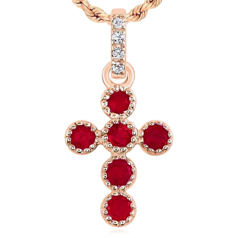 0.11CTW Natural Diamond Ruby Real 14K Rose Gold Cross Pendant 0.55" - Image 1 of 4
