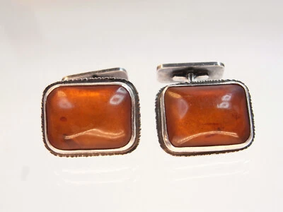 Art - Deco Georg Kramer Designer Bernstein Manschettenknöpfe 925 Silber um 1950 - Bild 1 von 4