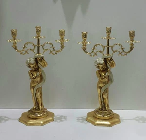 COPPIA CANDELABRI CANDELIERE ANGELI 3 FIAMME CERAMICA LEGNO METALLO AVORIO ORO - Imagen 1 de 1