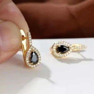 14K Yellow Gold Plated 2Ct Pear Cut Simulated Black Diamond Women's Hoop Earring - Picture 1 of 4
