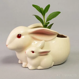 Relpo Bunny Planter Mother and Baby Ceramic Ivory Pink Rabbit Pair Japan Mark - Picture 1 of 22
