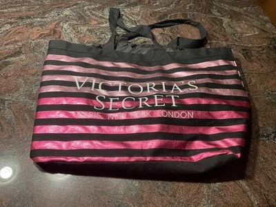 Victoria’s Secret Metallic Striped Canvas Tote Black & Pink Getaway Bag - Image 1 of 4