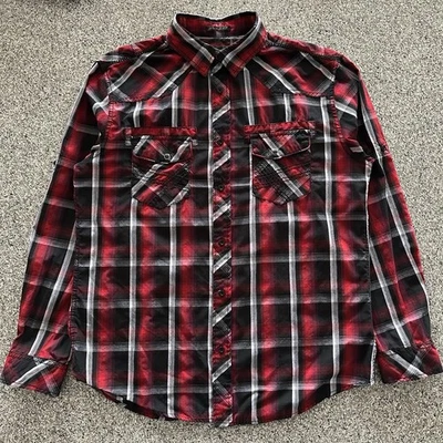 Helix Button Up Shirt Mens L Athletic Fit Red Black Plaid Snap Pockets - Image 1 of 4