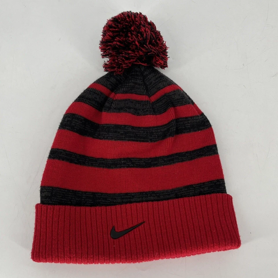 耐克帽子 Beanie YOUTH Pom 流苏红色灰色黑色 Swoosh 针织雪地装备冬季 — 第 1/2 张图片