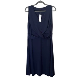 Ann Taylor NEW Twist Front Stretch Jersey Matte Flare Knee Length Dress Navy L - Picture 1 of 7