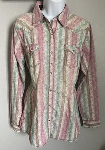Rock 47 Wrangler Shirt Womens Large Pink Green Diamond Snap Button Long Sleeve - Picture 1 of 10