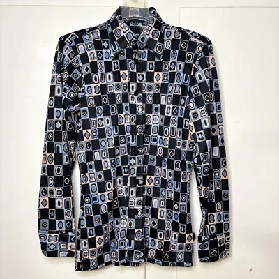 复古黑色 Mod Geometric Checker 印花匕首领纽扣衬衫  — 第 1/4 张图片