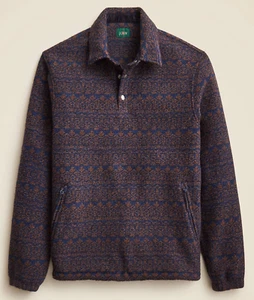 NWT J Crew Wool Blend 1/4 Snap Collar Sweater Fleece Jacket in Brown & Blue - Picture 1 of 6