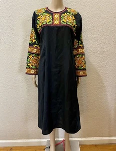 RARE 60s Indian Black Silk Multicolor Hand Embroidered BOHO Tribal Tunic Dress - Picture 1 of 12