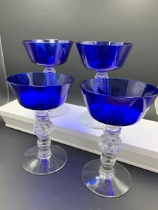 4 Vintage Heisey Crystal Spanish Pattern Cobalt Stem Champagnes - FREE SHIPPING! - Picture 1 of 9