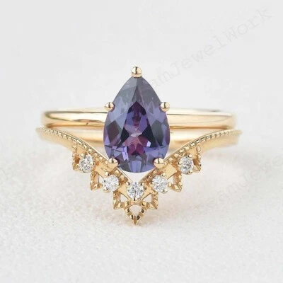 14k Yellow Gold 7x5 MM Pear Shape Alexandrite Cubic Zirconia Ring Matching Set - Image 1 of 4