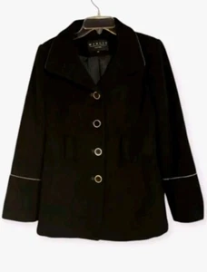 Winlit New York Damen Pea Mantel schwarz Wollmischung gefüttert grauer Besatz M MÄNGEL - Bild 1 von 16