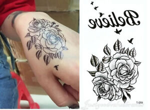 Rose Peony Flowers BELIEVE Swallow Birds Floral Mini Hand Ankle Temporary Tattoo