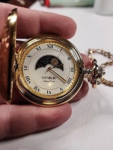 Danbury Moon Phase Pocket Watch Quartz As Is Gold Tone With Chain - Picture 1 of 14
