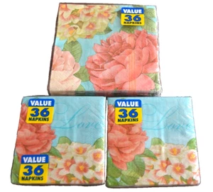 Paper Napkins FLORAL BLISSFUL BLOOMS LOVE 72 Beverage & 36 Luncheon LOT AMSCAN - Picture 1 of 4