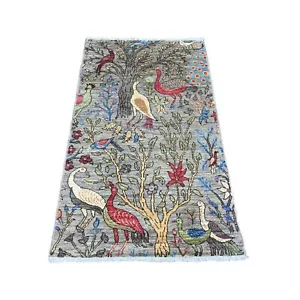 3 Fuß x 5 Fuß grau Afghan Peshawar Vögel Design weiche Wolle handgeknüpfter Teppich R20063 - Bild 1 von 6
