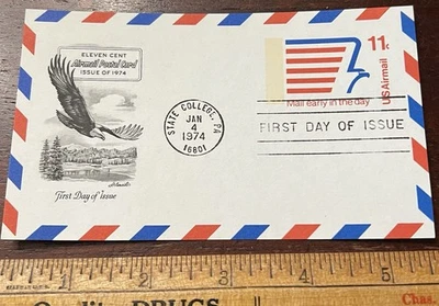 EMISIÓN PRIMER DÍA, correo aéreo, enero 1974 Eagle, 11 centavos. State College PA Foto 1 de 4