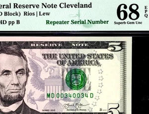2013 $5 Cleveland *REPEATER* Federal Reserve Note 1996-D • PMG 68 EPQ • TOP POP - Picture 1 of 3