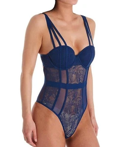 Jezebel by Felina Anika Lace Bodysuit Thong Back Estate Blue Size M - Picture 1 of 1