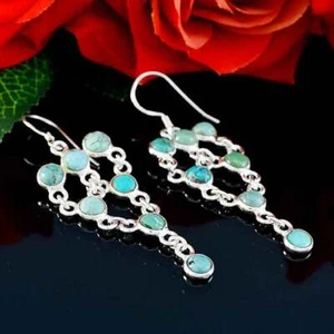 Natural Turquoise 925 Silver Open Heart Earring Beach Style Round Shape - Picture 1 of 4