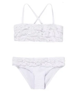 NWT PIlyq 14 Girls White Love Ruffle Eyelet Lace Bandeau Bikini Top Bottom 94189 - Picture 1 of 1