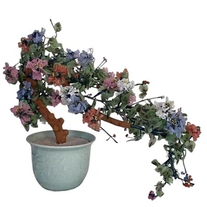Vtg Chinese Jade Glass Flowering Multicolor XL Bonsai Tree Celadon Pot - Picture 1 of 20
