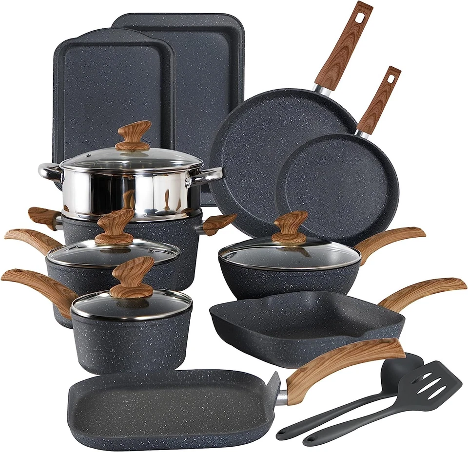 KITCHEN ACADEMY 17Pcs kitchen Induction Cookware Set Granite Non Stick Saucepans Pots &Pans Set