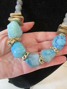 18" blue agate chunk and brass chain necklace, new - KZ - Picture 1 of 3