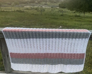 Vintage Crochet Afghan Throw White Coral And Gray Handmade 50”x54” - Picture 1 of 13