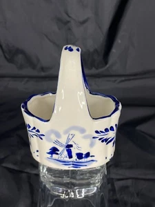Delft Basket Handpainted Blue & White Windmill Flowers 4" High - Picture 1 of 11