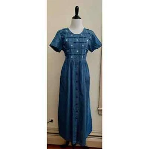 Vintage long denim maxi dress size medium short sleeve True Blue pockets - Picture 1 of 12
