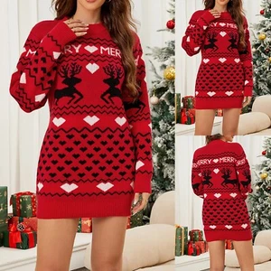Damen Weihnachten lässig schmal Jacquard Strick lang Rundhals Pullover Kleid - Bild 1 von 8