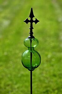 Colored Blown Glass Garden Stake with Cast Iron Finial on Top 