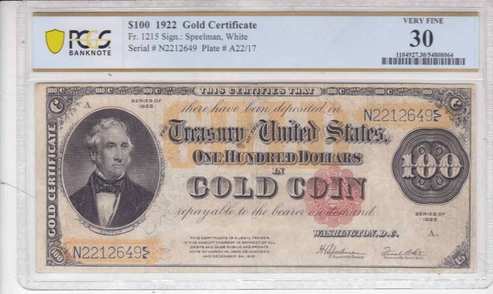 Fr 1215 1922 $100 CERTIFICADO ORO PCGS 30 Foto 1 de 2
