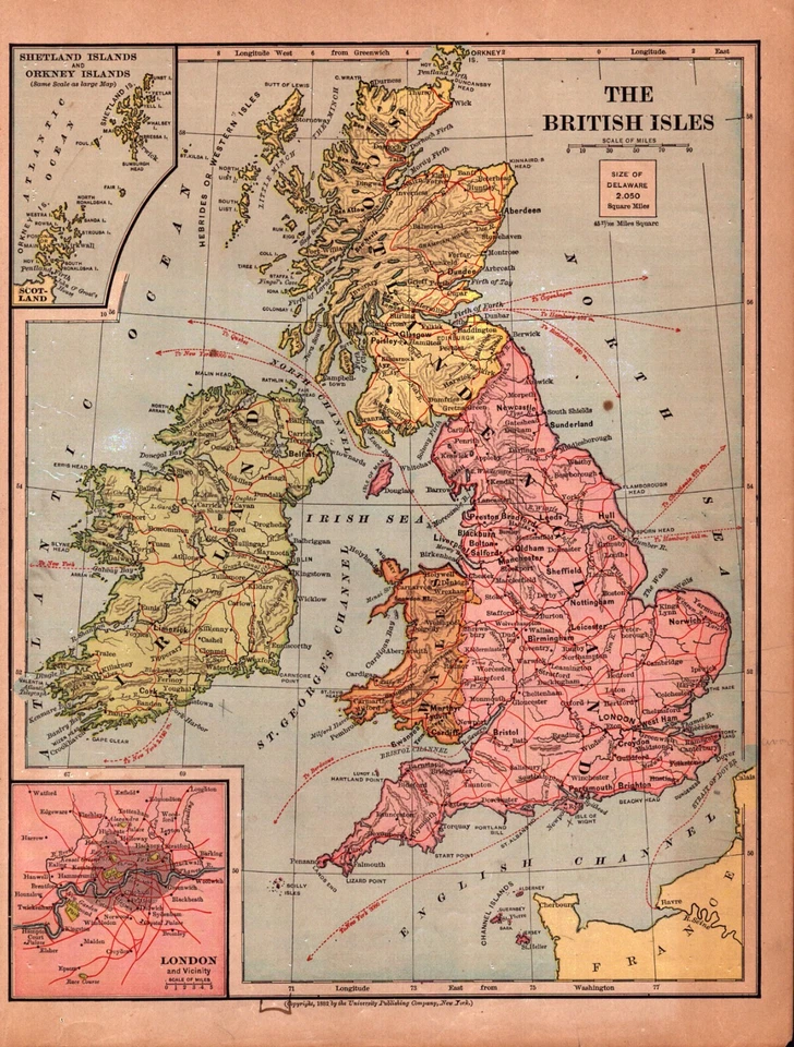 BRITISH ISLES, IRELAND, SCOTLAND, ENGLAND Antique authentic map 1883 - Изображение 1 из 1