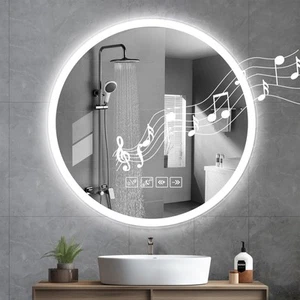 Badspiegel Led Rund mit LED Beleuchtung mit Uhr Touch Bluetooth-Musik Dimmbar - Bild 1 von 12