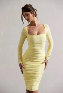 CLUB L LONDON Yellow Long Sleeve Square Neck Ruched Midi Dress Size UK 18 US 14 - Picture 1 of 16