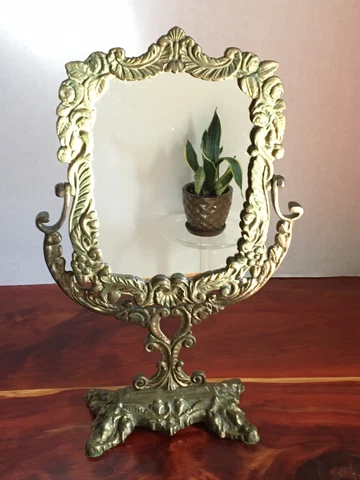 Antigue Solid Brass Table Standing Titling Vanity Mirror Excellent Condition Cover