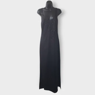 Vtg Rampage Y2K Black Floral Embroidered Rhinestone Maxi Dress Slit Sz 11 Formal - Image 1 of 4