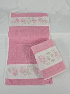 Toalla de baño y toalla de mano vintage Martex rosa blanco banda floral EE. UU. MCM retro Foto 1 de 4