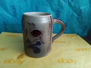 Vintage Buchtal Pottery Beer Stein, Blue/Brown Salt Glaze, Birds Flower, Germany - Picture 1 of 6