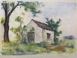 ::FRANZ EHMKE 1928 - 2018 BERLIN PASTELL HÜTTE AM FELDESRAND VERLASSEN BÄUME - Picture 1 of 3